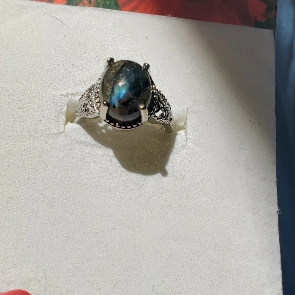 Labradorite Oval Solitaire Ring Platinum Plated